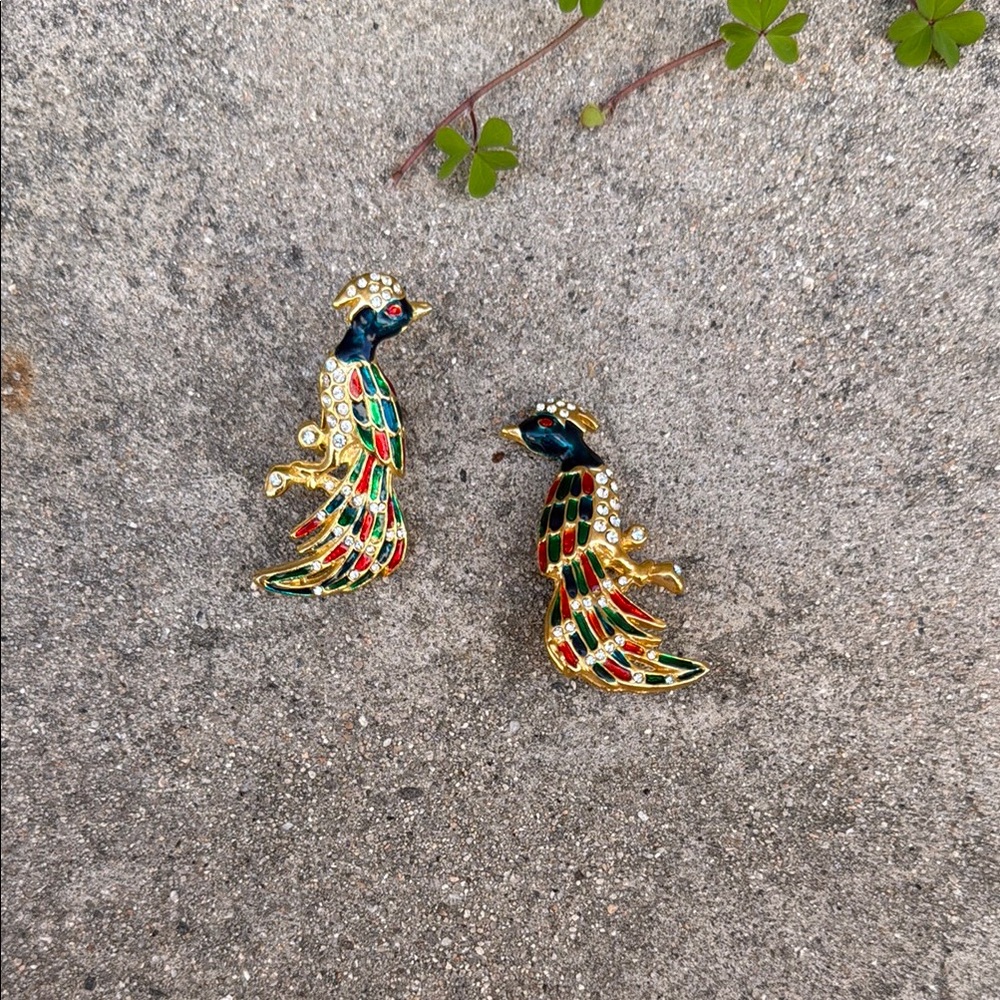 Gold, Red and Green Crystal, Peacock Clip On